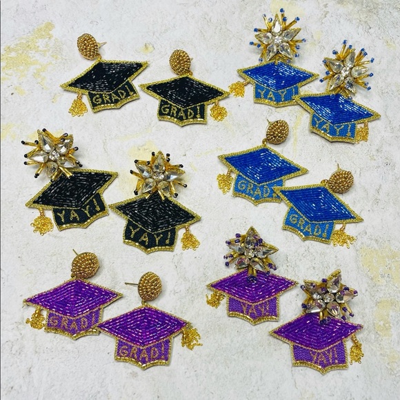 Royal Blue & Gold Graduation Graduate Earrings - Picture 6 of 6
